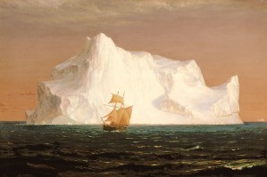 A boat sailling to an iceberg